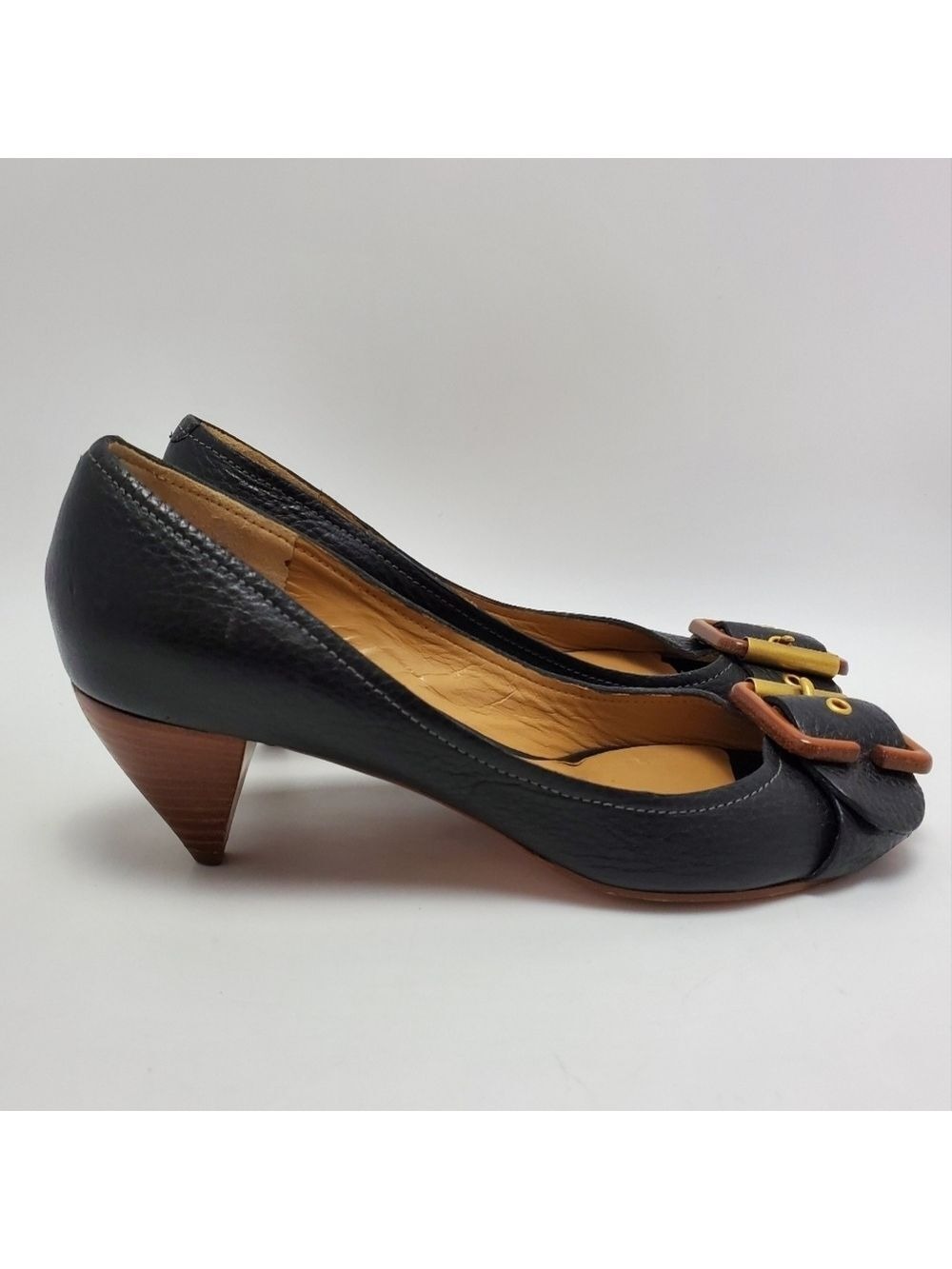 Chloe Leather Buckle Peep Toes Kitten Heels Slip On Pumps Size 37 Black